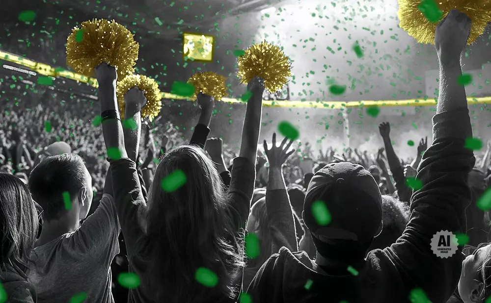 A crowd cheers, holding up golden pom-poms as green confetti rains down.