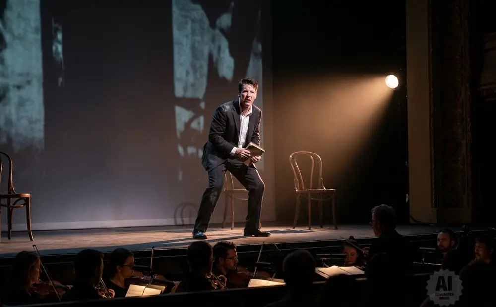 A man in a suit holds a book on stage with two chairs and an orchestra below.