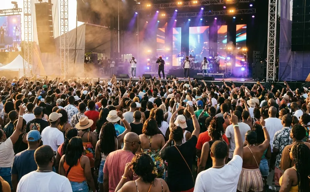A large crowd of people are enjoying an outdoor concert with a stage and performers visible.