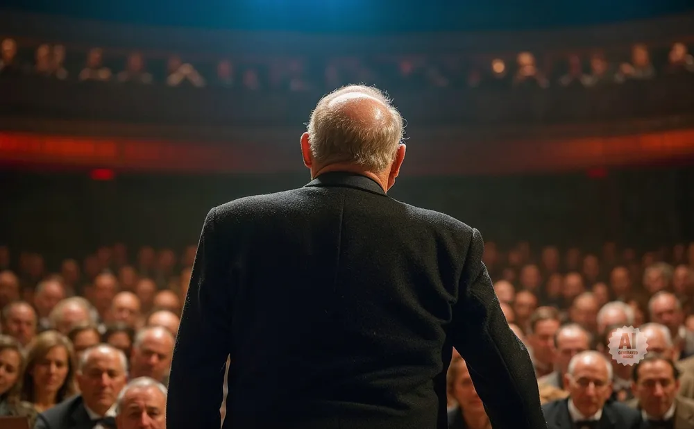Man in black suit facing a large audience in a theater, with rows of blurred faces looking towards him.