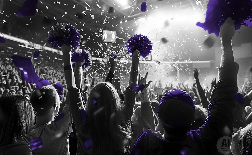 A crowd cheers with purple pom-poms and confetti raining down during a dark, spotlighted event.