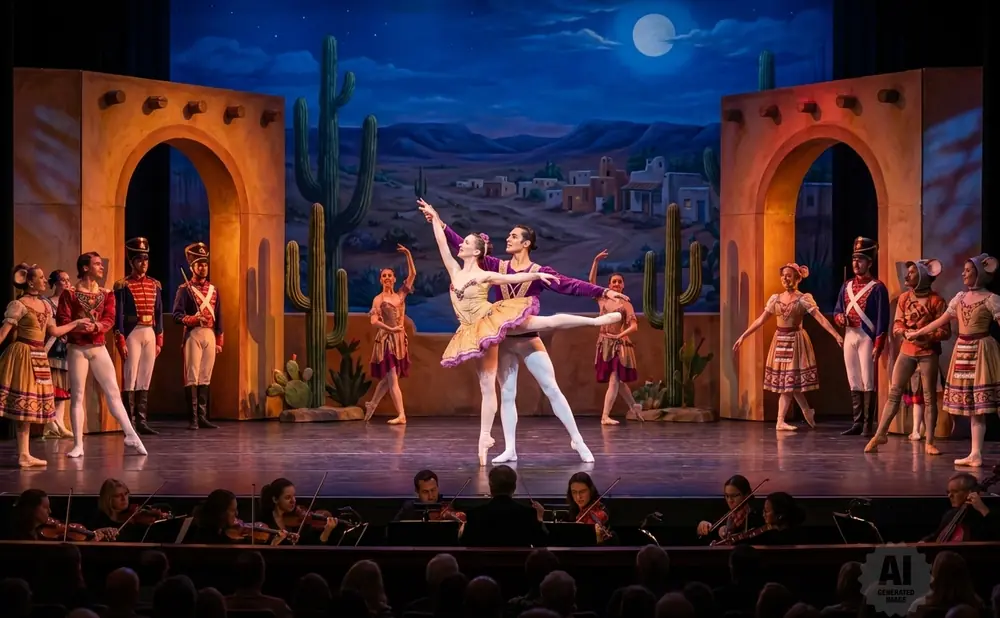 Ballet dancers perform on stage with a desert backdrop and orchestra in the foreground.
