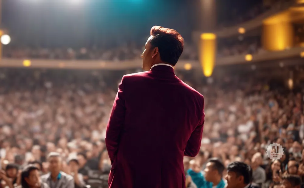 Man in a maroon suit on stage addressing a large, blurred audience.