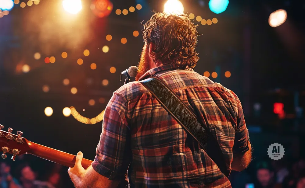A man with a beard in a plaid shirt plays guitar on stage, illuminated by warm lights.