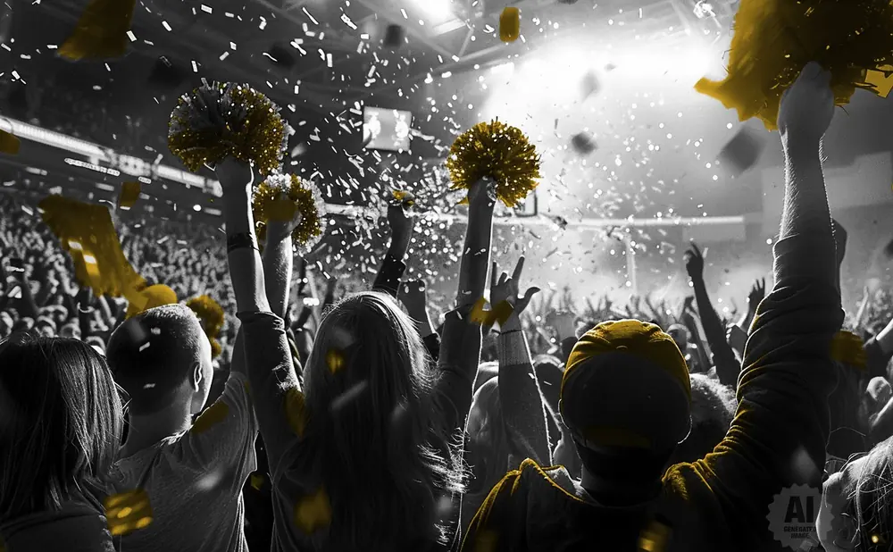 Crowd with raised hands and gold pom-poms throwing confetti during a celebration.