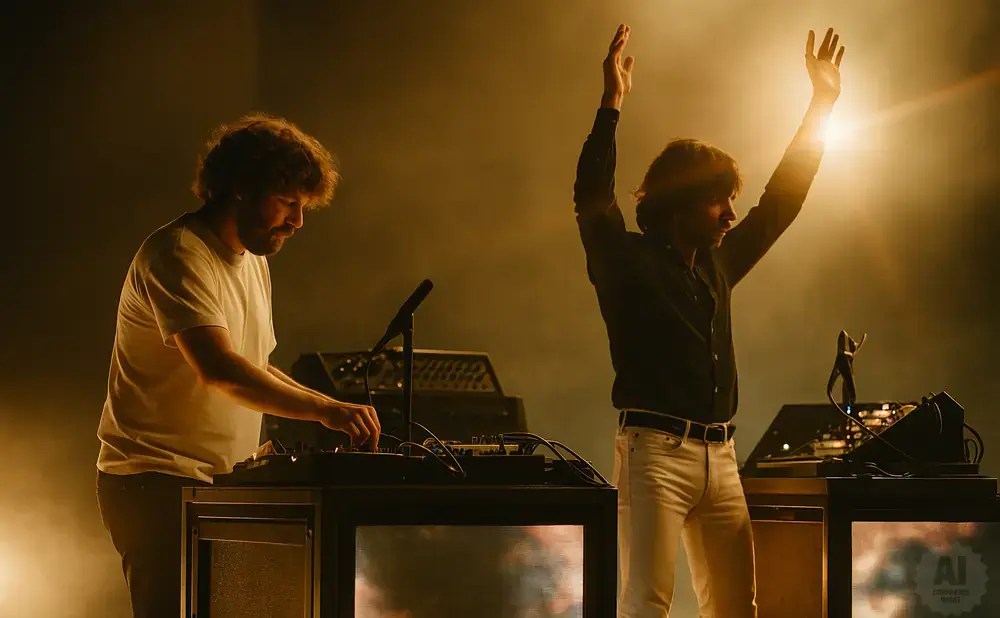 Two musicians perform on stage with electronic equipment, one with hands raised in the air.