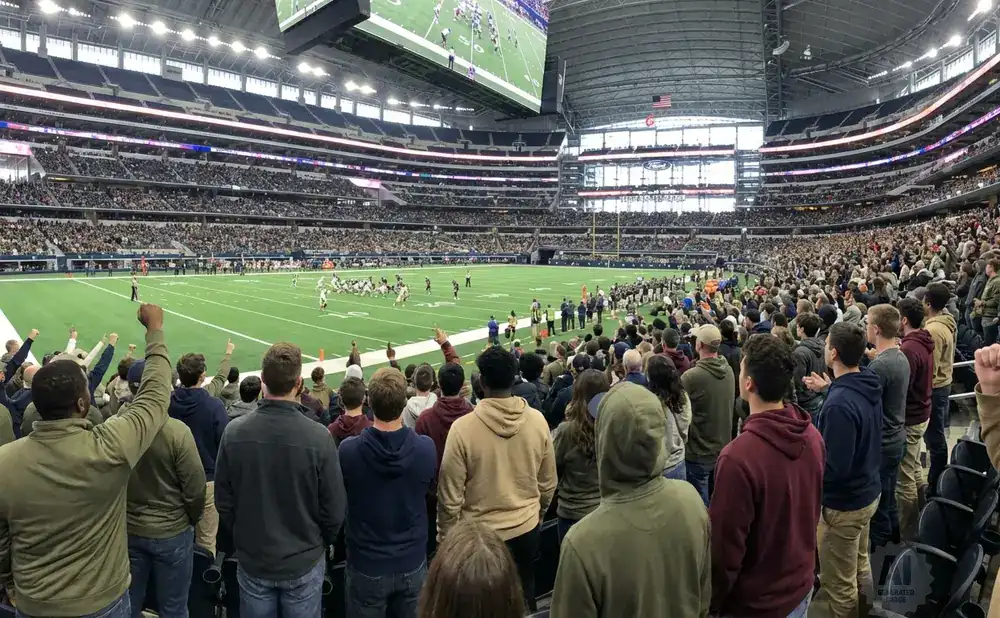 Fans cheer at a football game in a large stadium, with players on the field.