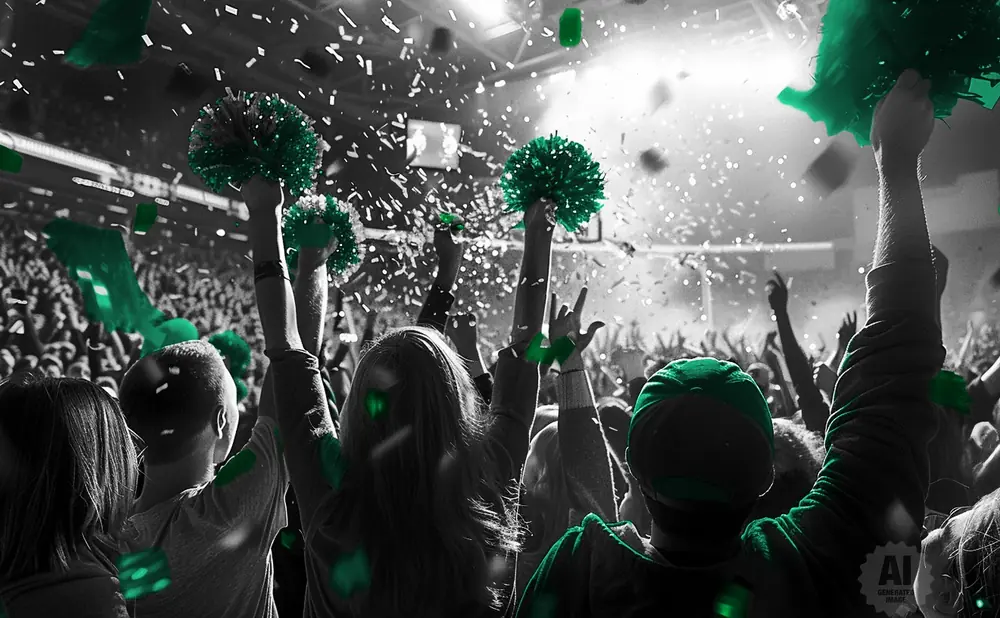 Crowd at a concert or event, celebrating with green pom-poms and confetti.
