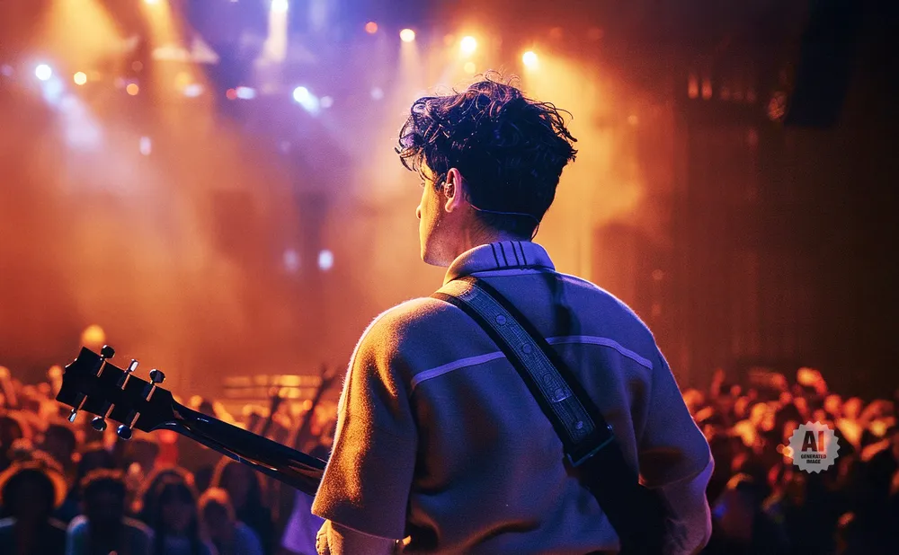 Musician with guitar on stage performing for a crowd, lit by stage lights and smoke.