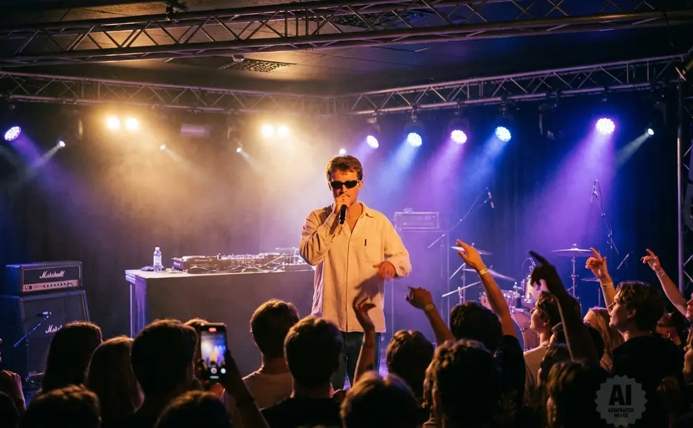 DJ with laptop and equipment in front of a wall of pink and blue LED lights.