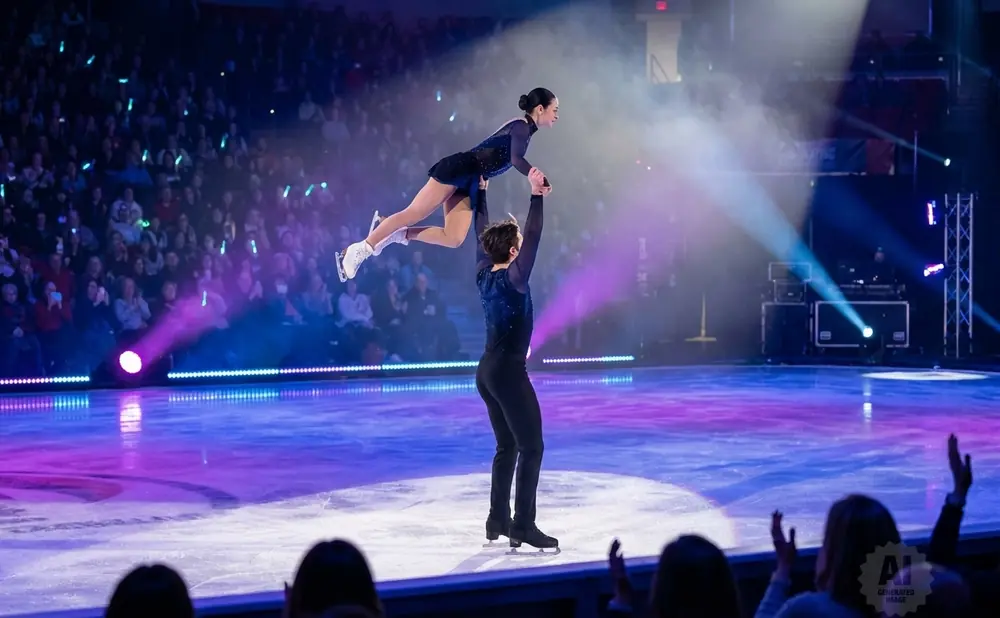 Ice skaters perform under colorful spotlights before a large audience.