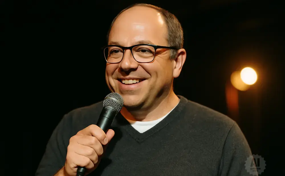 A smiling man with glasses holds a microphone to his mouth, with a dark background and blurred lights.