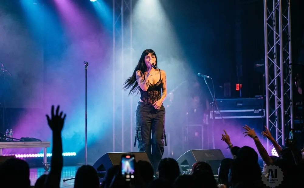 Singer performing on stage with a microphone, surrounded by a cheering crowd and stage lights.