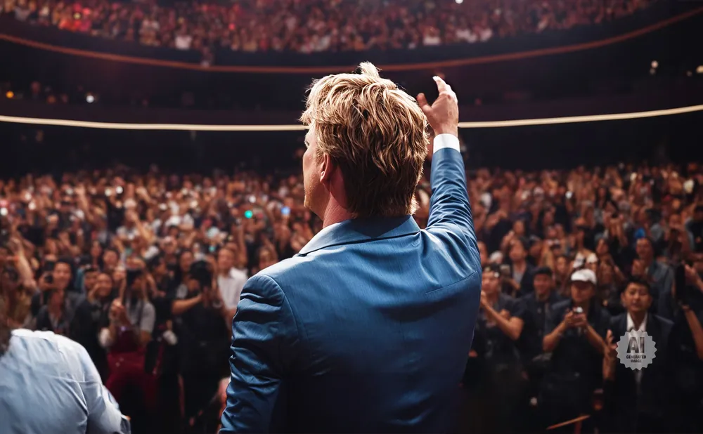 A man in a blue suit raises his arm to a cheering audience.