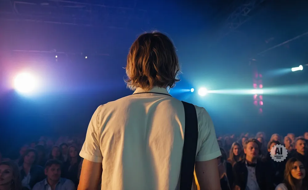 A musician on stage, facing a cheering crowd, with spotlights in the background.
