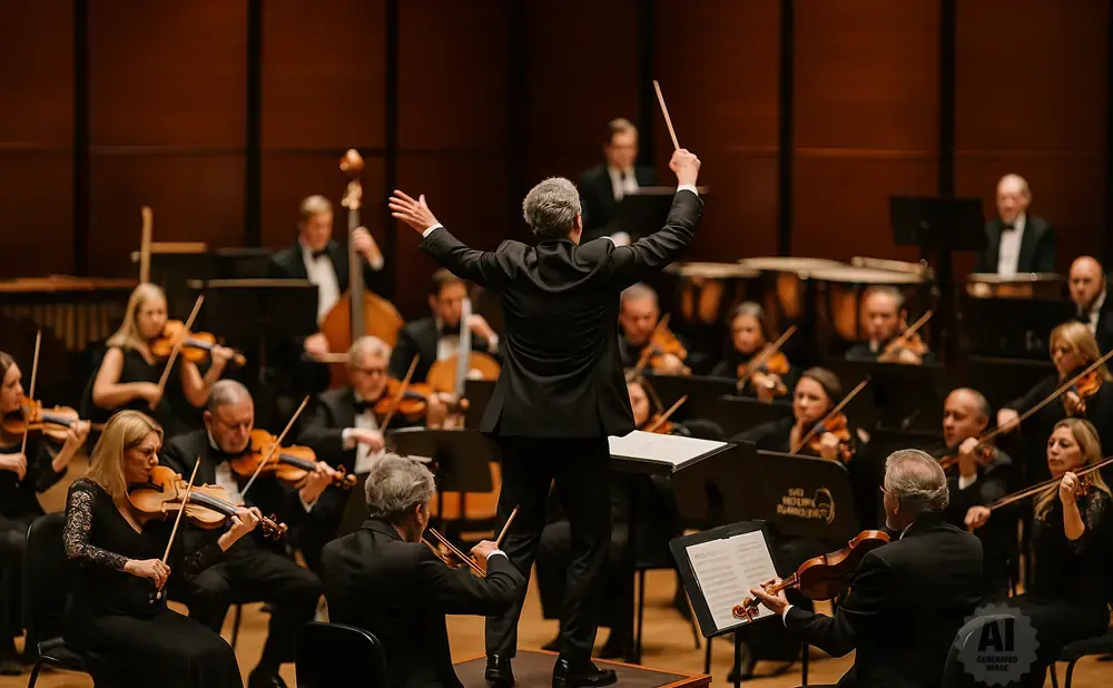 Orchestra conductor leading musicians playing violins and other instruments on stage.