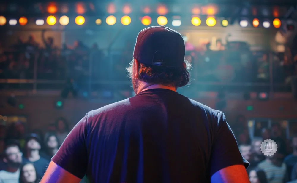 A person wearing a black t-shirt and baseball cap faces away from the camera, standing before a blurry crowd and stage lights.