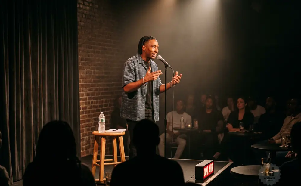 A Black comedian performs on stage in front of a brick wall while an audience watches.