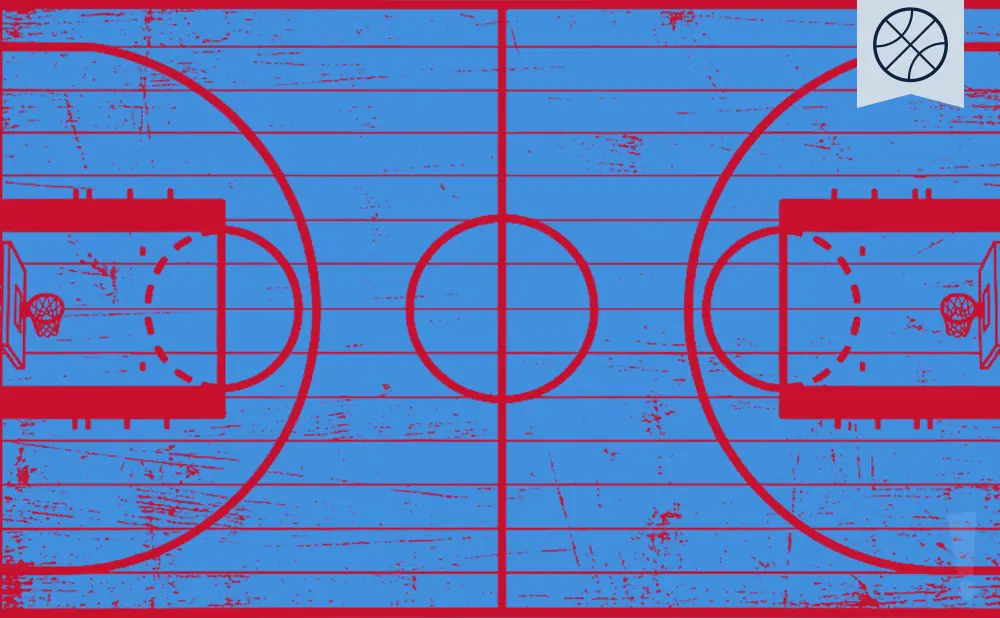 A minimalist illustration of a basketball court with blue lines on a red background, featuring a basketball icon in the top right corner.
