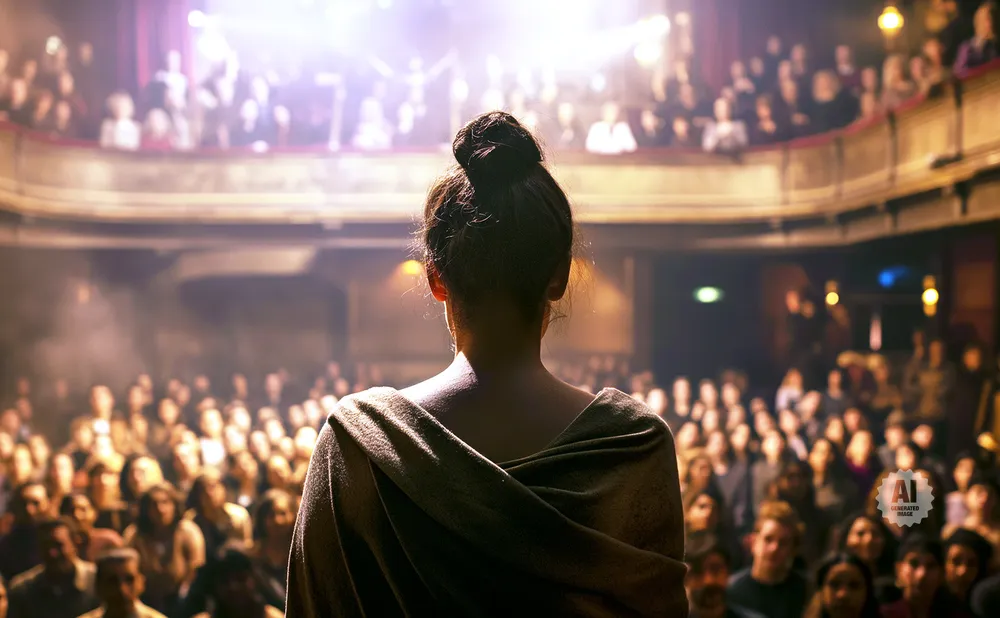 Woman with hair in a bun faces a seated audience in a theater, illuminated by spotlights.