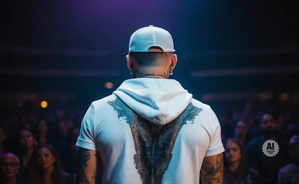 Back view of a man wearing a white baseball cap and hoodie with a large tattoo on his back, facing a crowd.