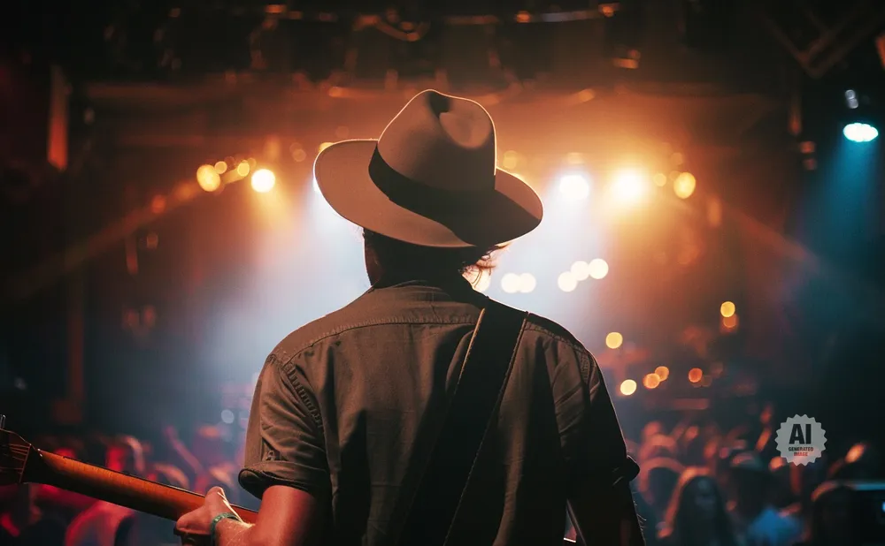 A guitarist in a hat plays on a dimly lit stage with a blurred audience in the background.