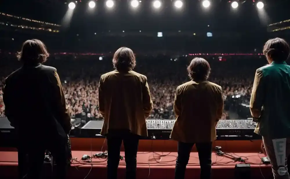 Four musicians in jackets stand on a stage facing a large, cheering audience.
