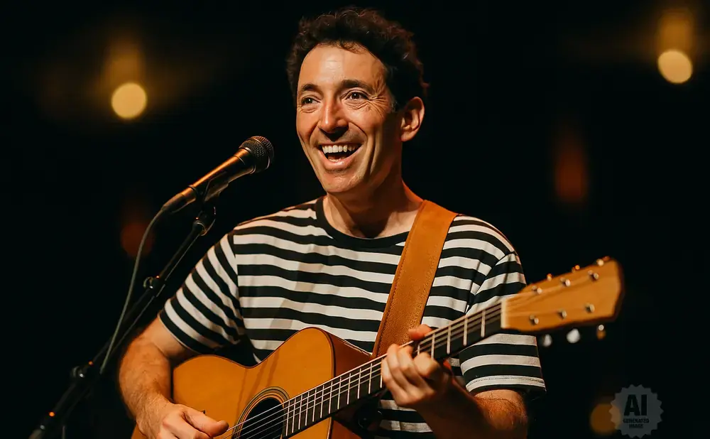A smiling man in a striped shirt plays an acoustic guitar and sings into a microphone on stage.