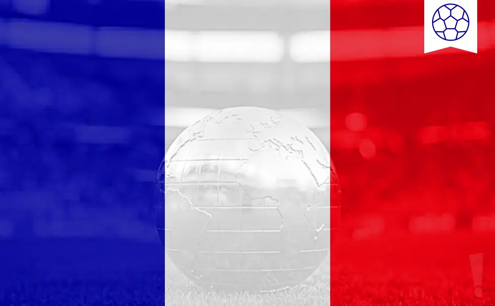 A glass globe with a soccer ball icon against the French flag colors.