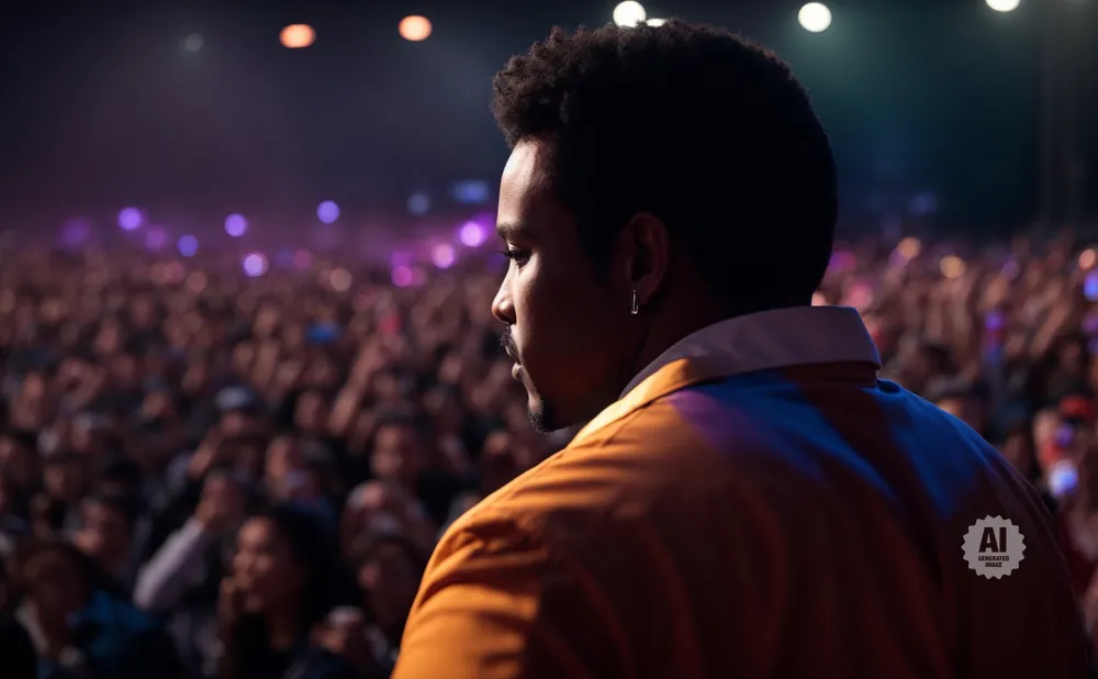 Man facing away from camera at a concert, looking out at a large crowd.