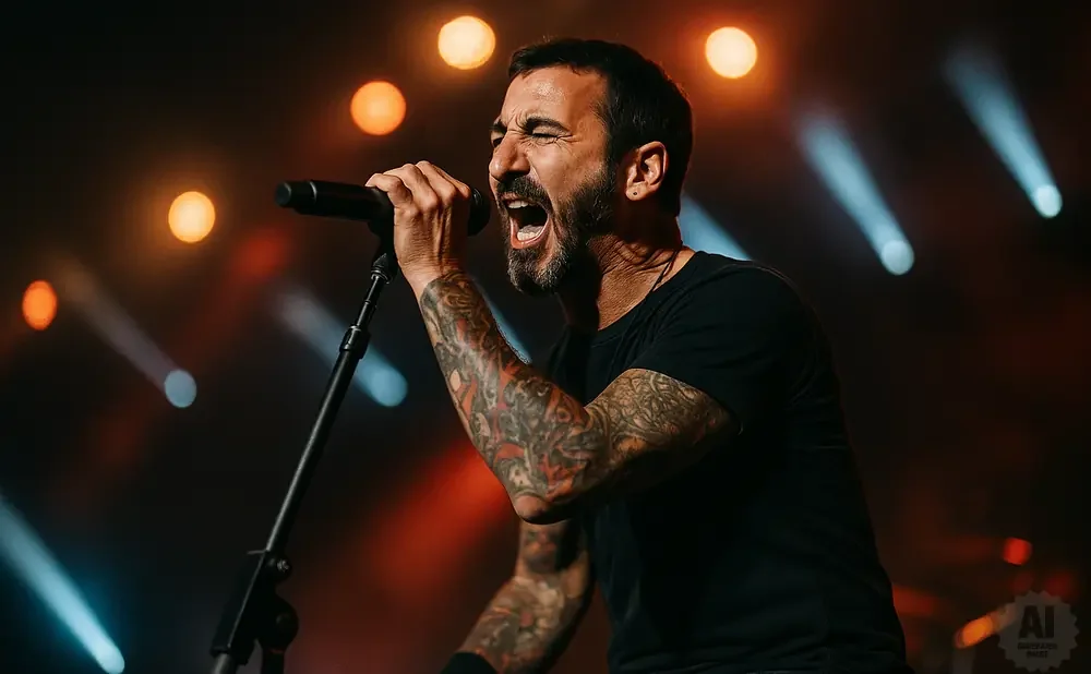 A tattooed man with a beard sings into a microphone on a dimly lit stage with blurred lights.