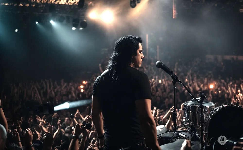 A rock singer with dark, shoulder-length hair stands on stage facing a cheering crowd.