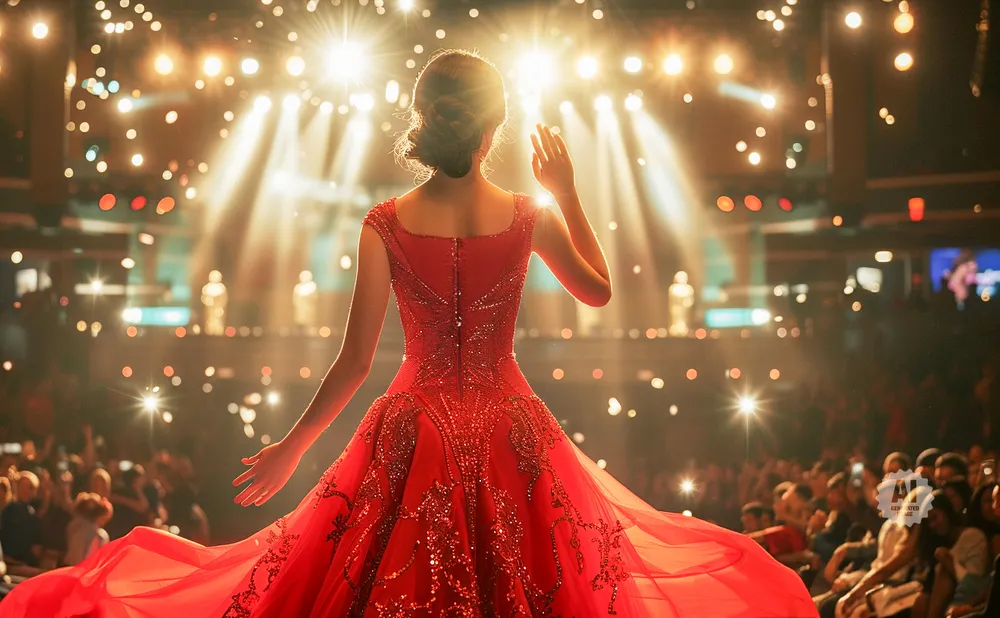 Woman in a red, sparkling gown waves to an adoring crowd on a brightly lit stage.