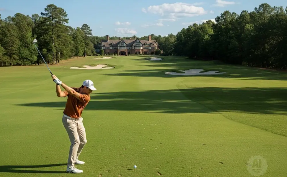 Golfer swings on a sunny day at a golf course with a large building in the background.