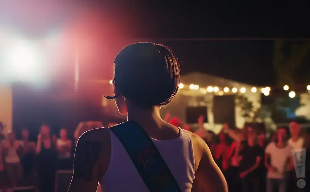 A person with a bob haircut stands with their back to the camera, facing a blurred crowd at an outdoor night event.