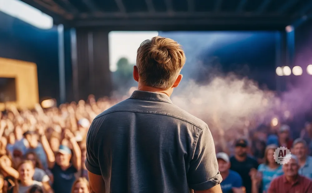 Man with blonde hair on stage, facing a large cheering crowd at an outdoor concert.