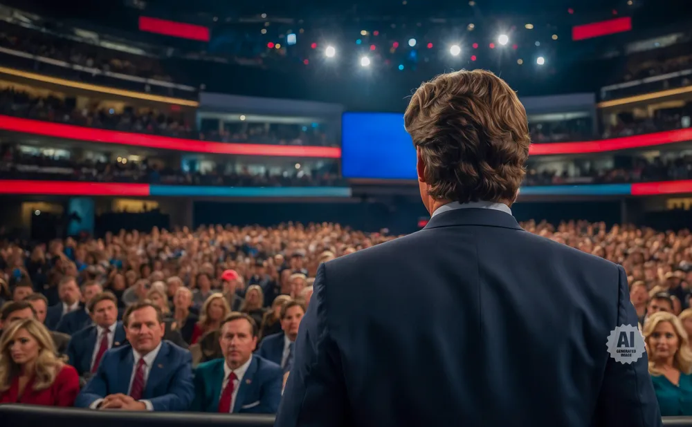 Man in a suit speaks to a large audience in an arena, with an 