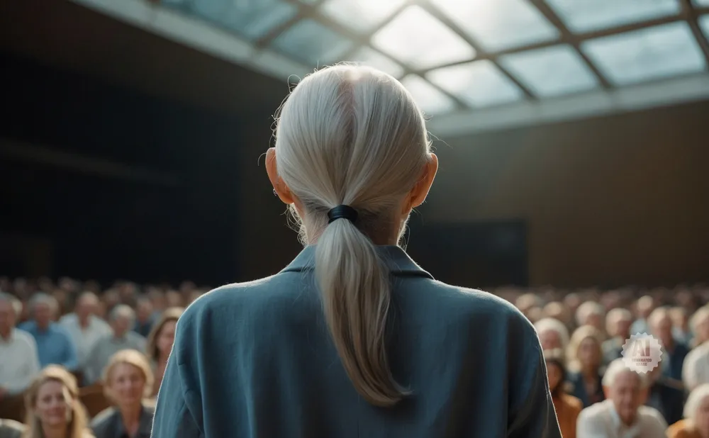 Back view of a woman with blonde hair in a ponytail, facing a seated audience in a hall with a skylight.
