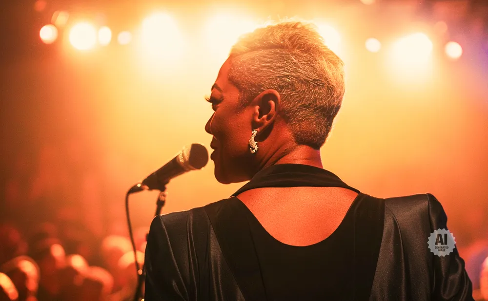 A person with short, styled hair and a sparkling earring sings into a microphone on a stage with warm lighting.