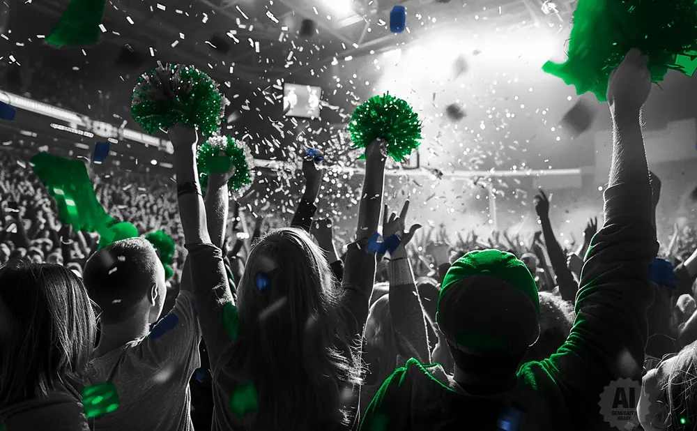 A crowd cheers at a concert, with green pom-poms and confetti filling the air.