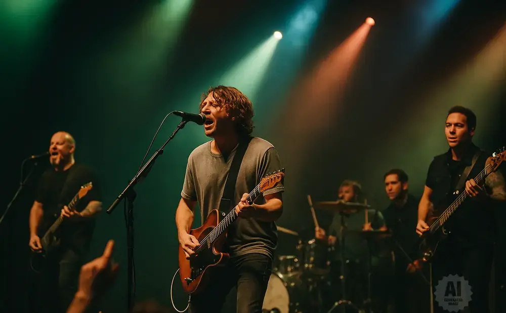 A band performs on a stage with green and orange spotlights.
