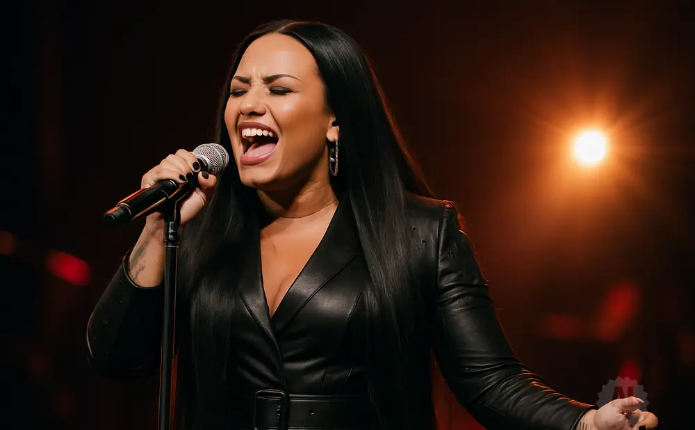 Singer Demi Lovato performs on stage, singing into a microphone, wearing a black leather jacket and hoop earrings.