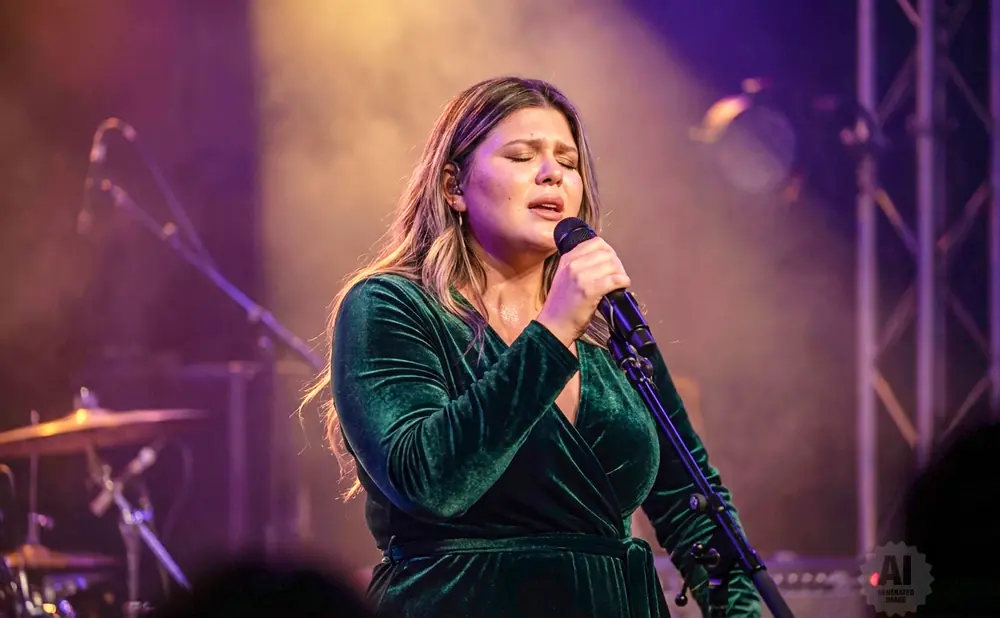 Woman in green dress sings into a microphone on stage with purple and orange lighting.