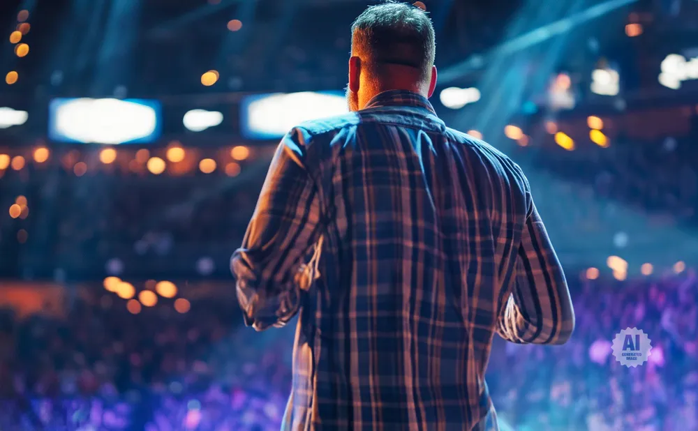 Man in plaid shirt on stage facing crowd, illuminated by stage lights.