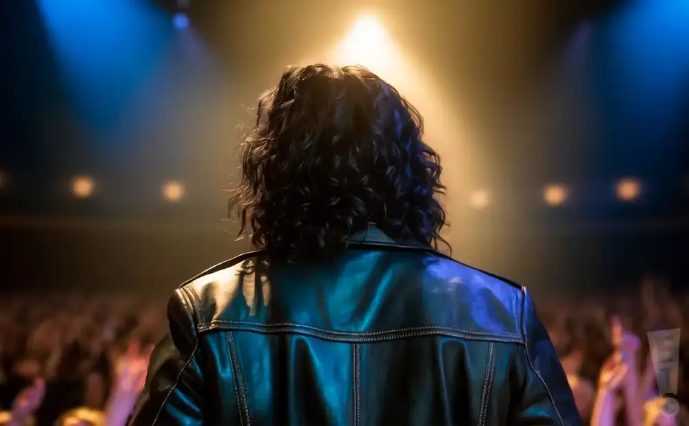 A person with curly dark hair in a black leather jacket stands on a stage, facing a blurred crowd under stage lights.