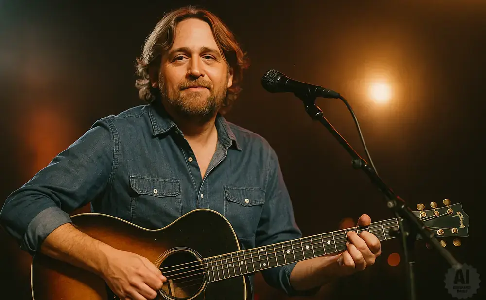 A man with medium-length brown hair and a beard plays an acoustic guitar and sings into a microphone.