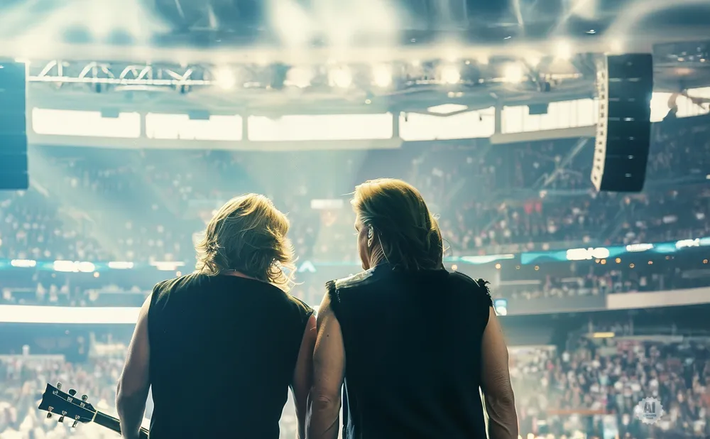 Two men with long hair stand on a stage, facing a large audience in a concert arena.