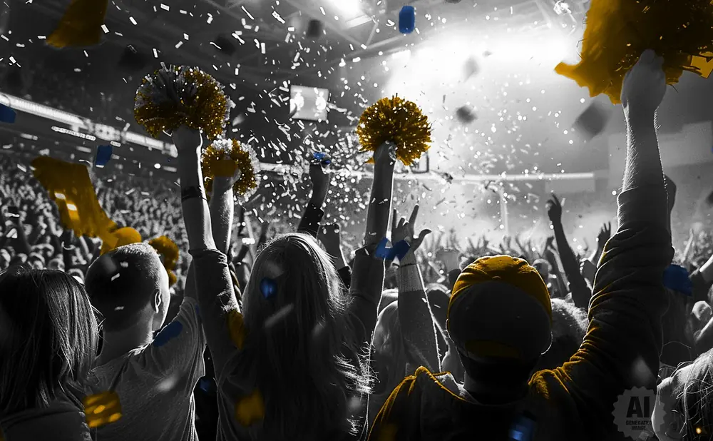 A cheering crowd with hands raised, confetti and pom-poms in gold and blue.