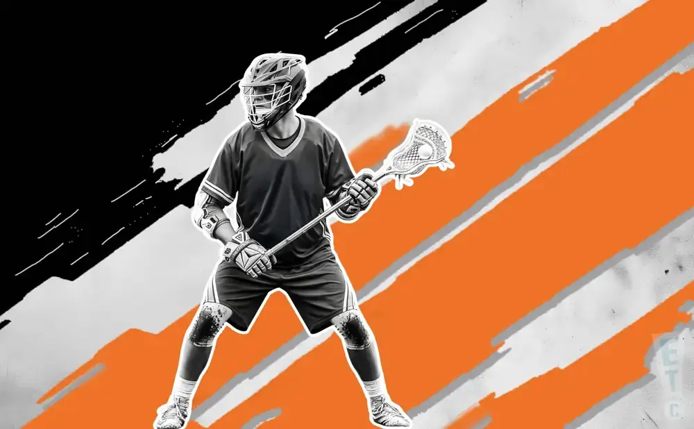 A Black and white image of a lacrosse player with a bright orange background.