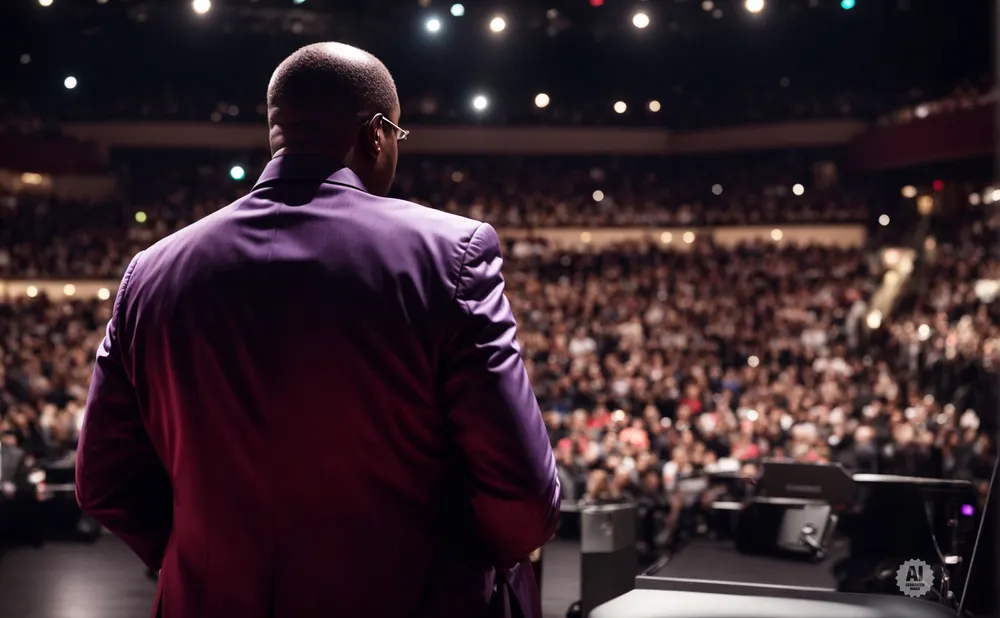Man in purple suit on stage facing a large audience in a dimly lit auditorium.